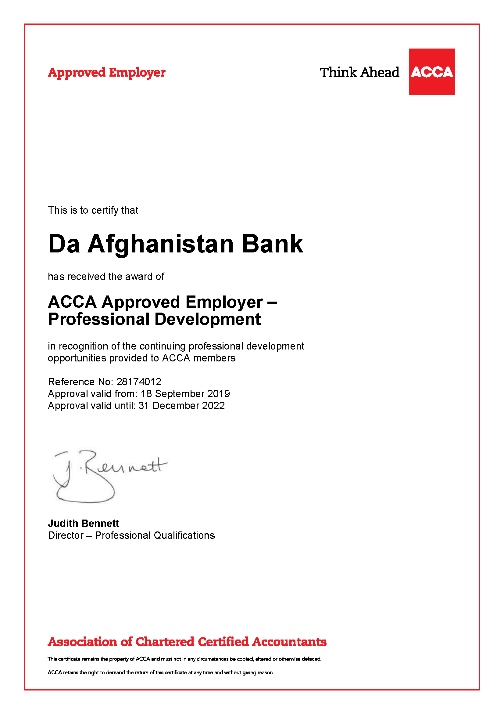 افغانستان بانک د ACCA د کارفرما  په توګه ومنل شو