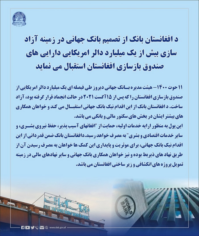  د افغانستان بانک از تصمیم بانک جهانی در زمینه آزاد سازی بیش از یک میلیارد دالر امریکایی دارایی های صندوق بازسازی افغانستان استقبال می نماید