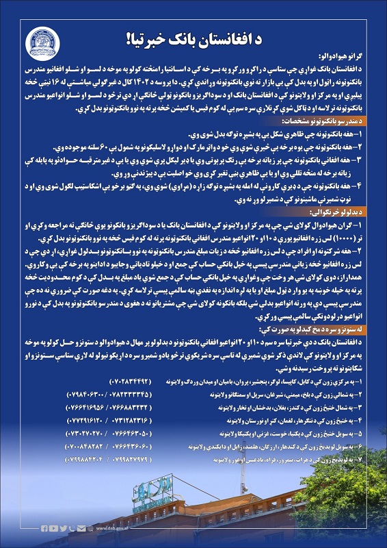 د افغانستان بانک خبرتیا!
